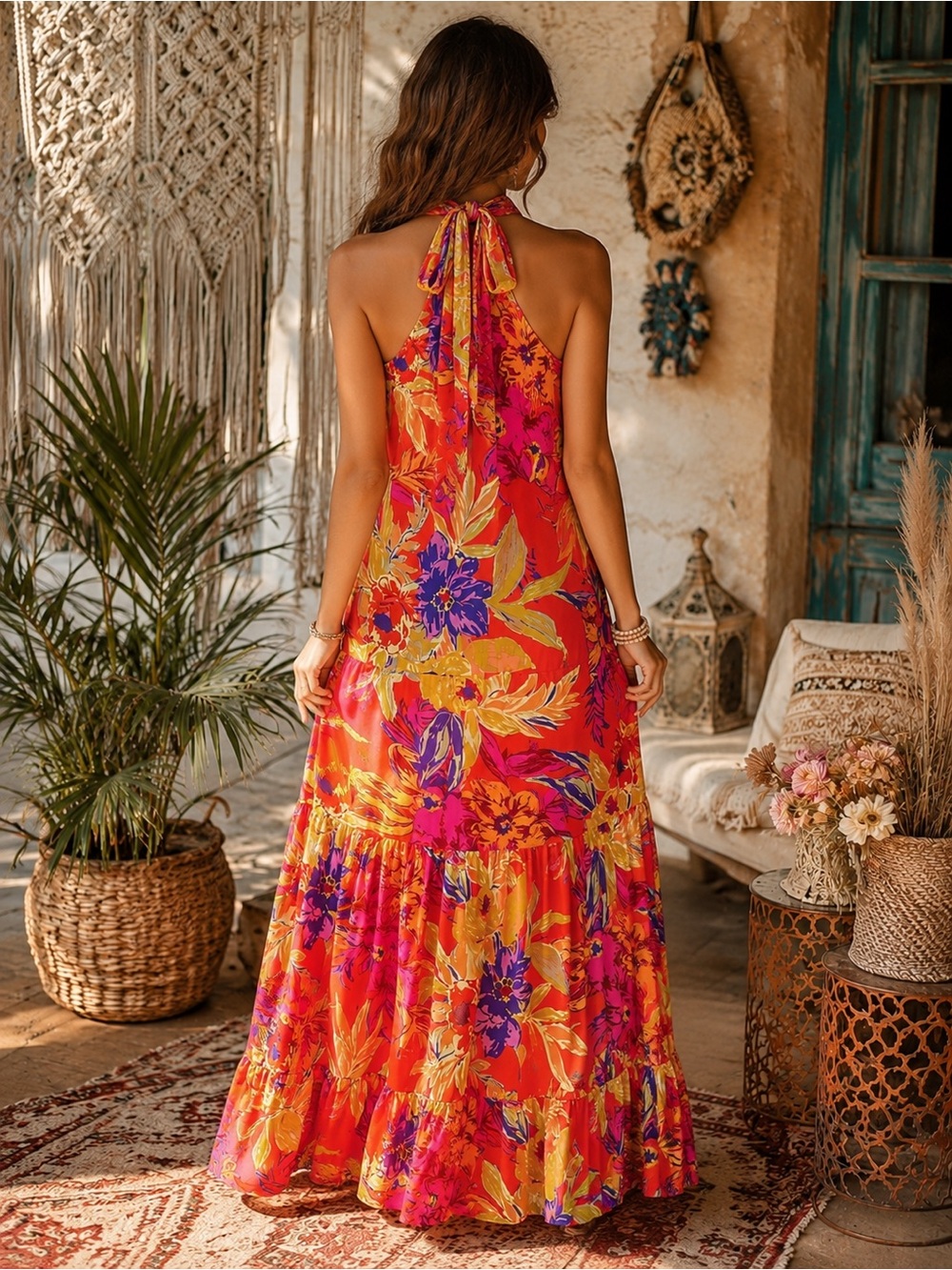 MSK Floral Printed Tiered Halter Neck Maxi Dress Orange Pink Sleeveless Sz Large - Picture 2 of 15